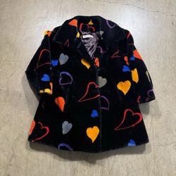 Vintage Donnybrook 1980s Heart Print Black Faux Fur Coat Size XS