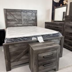 AP🎉 Gray Crossbuck Panel Bedroom Set- 4-Piece (Bed, Dresser, Mirror, Nightstand)Fast Delivery - Financing 