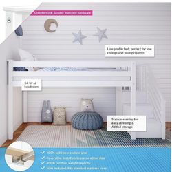 Max & Lily Low Loft Bed, Twin Bed Frame For Kids With Stairs, White
