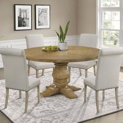 **SALE** Gorgeous Round Solid Wood Pedestal Dining Table with Coordinated Beige Chairs