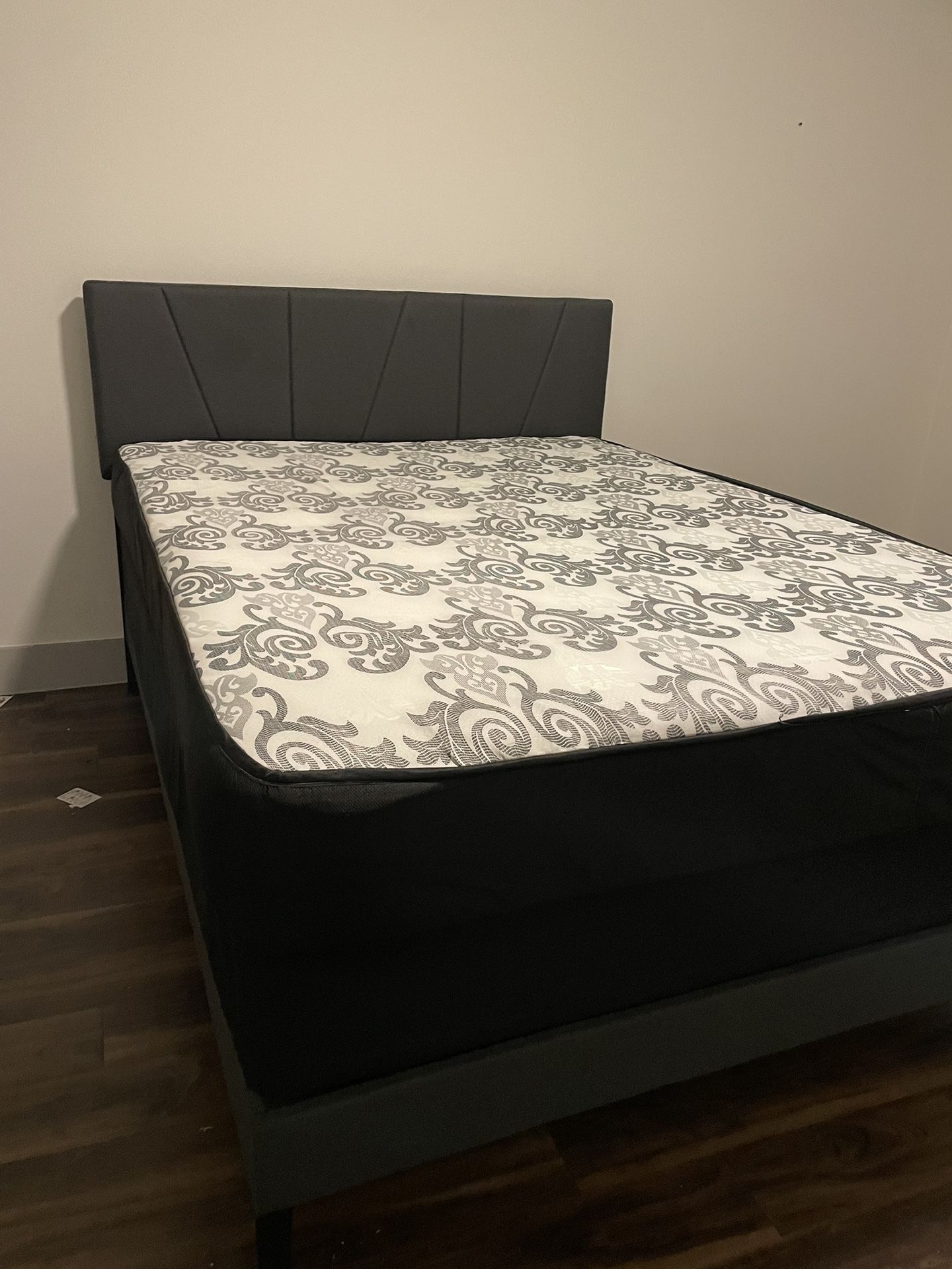 Queen Mattress, Box Spring And Gray Bed Frame 