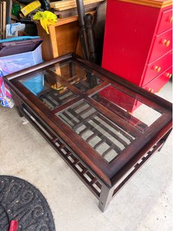 Espresso Wood Coffee Table with Glass Top & Storage Shelf