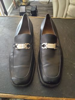 Salvatore Ferragamo Black Leather Nickel Gancini Dress Loafers Italy 10
