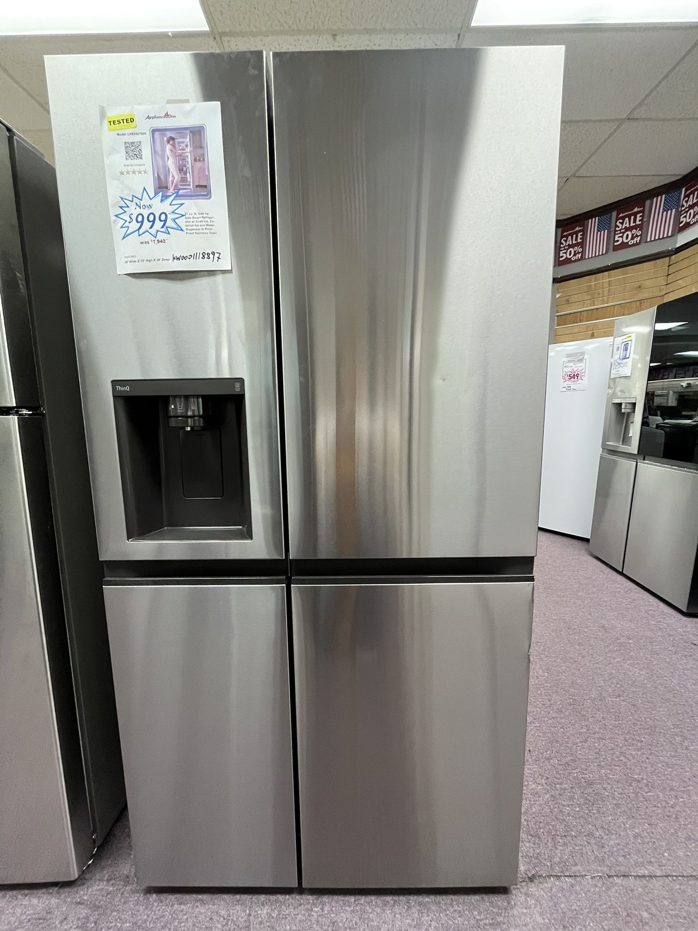 Stainless Steel Refrigerator 36’ Wide Side By Side Fridge LG