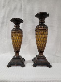 Set of two antique-style table candlesticks. They also function as lamps. Bed Bath & Beyond Brown and Gold Polyresin Candlesticks.