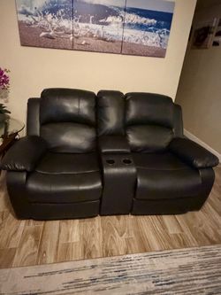 72 in.2-Seat Faux Leather Manual Recliner Sofa Set with Flip-Top Center Console, Black