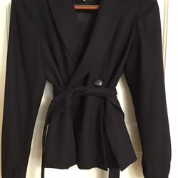 Liquid women’s coat jacket wool tie belt navy blue