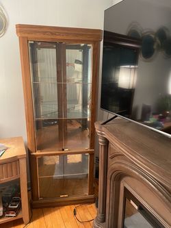 Oak Curio Cabinet with Glass Doors