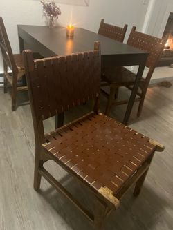 Woven Leather Dining Chairs Set of 2 (only two) Mid Century Modern Solid Wood Dining Room Chairs with Handwoven Leather Strap Seat, Armless Kitchen Si