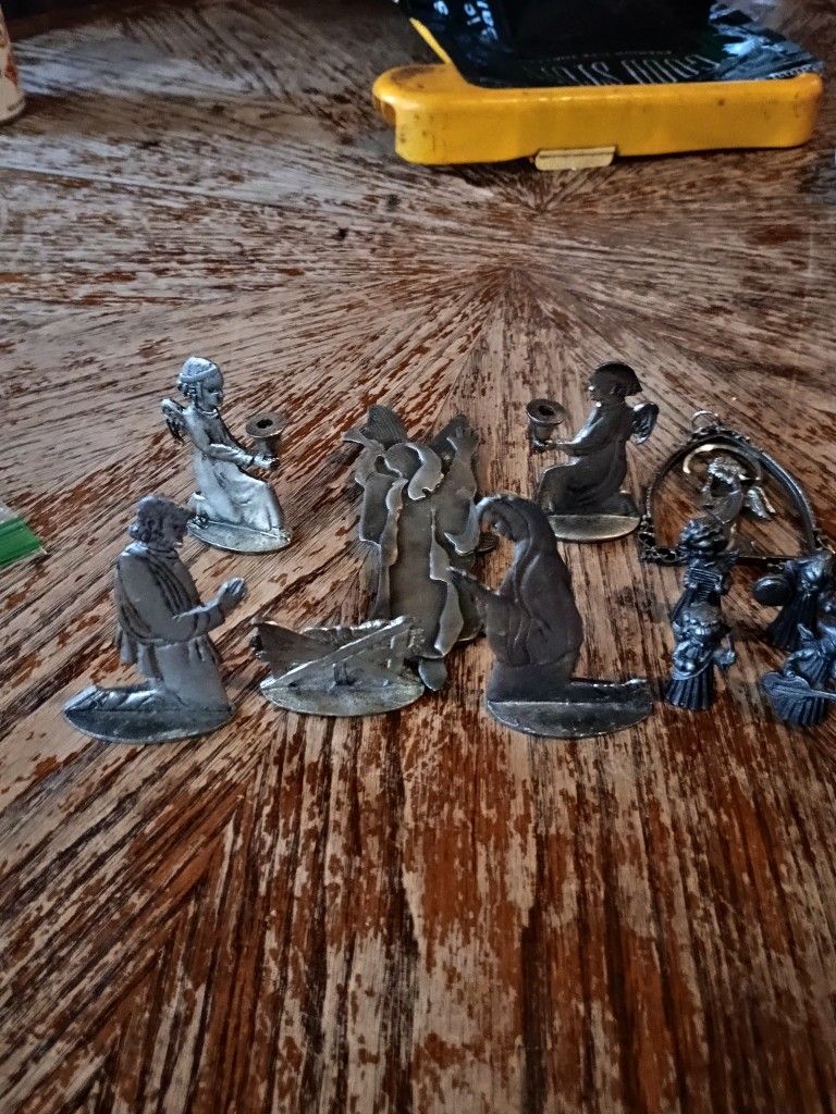 7 Piece Pewter Nativity Set & 4 Piece Lillian Vernon Miniature Pewter Music Angel Figurines