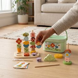 Wooden Flower Garden Building Toy Set for Kids with Storage Basket