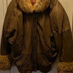 Leather Jacket With Fur Collar And Fur Cuffs