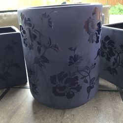 Set of Four Deep Blue, Etched Ceramic Flower Pots