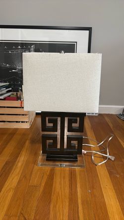 Vintage Greek Key Table Lamp with Linen Shade