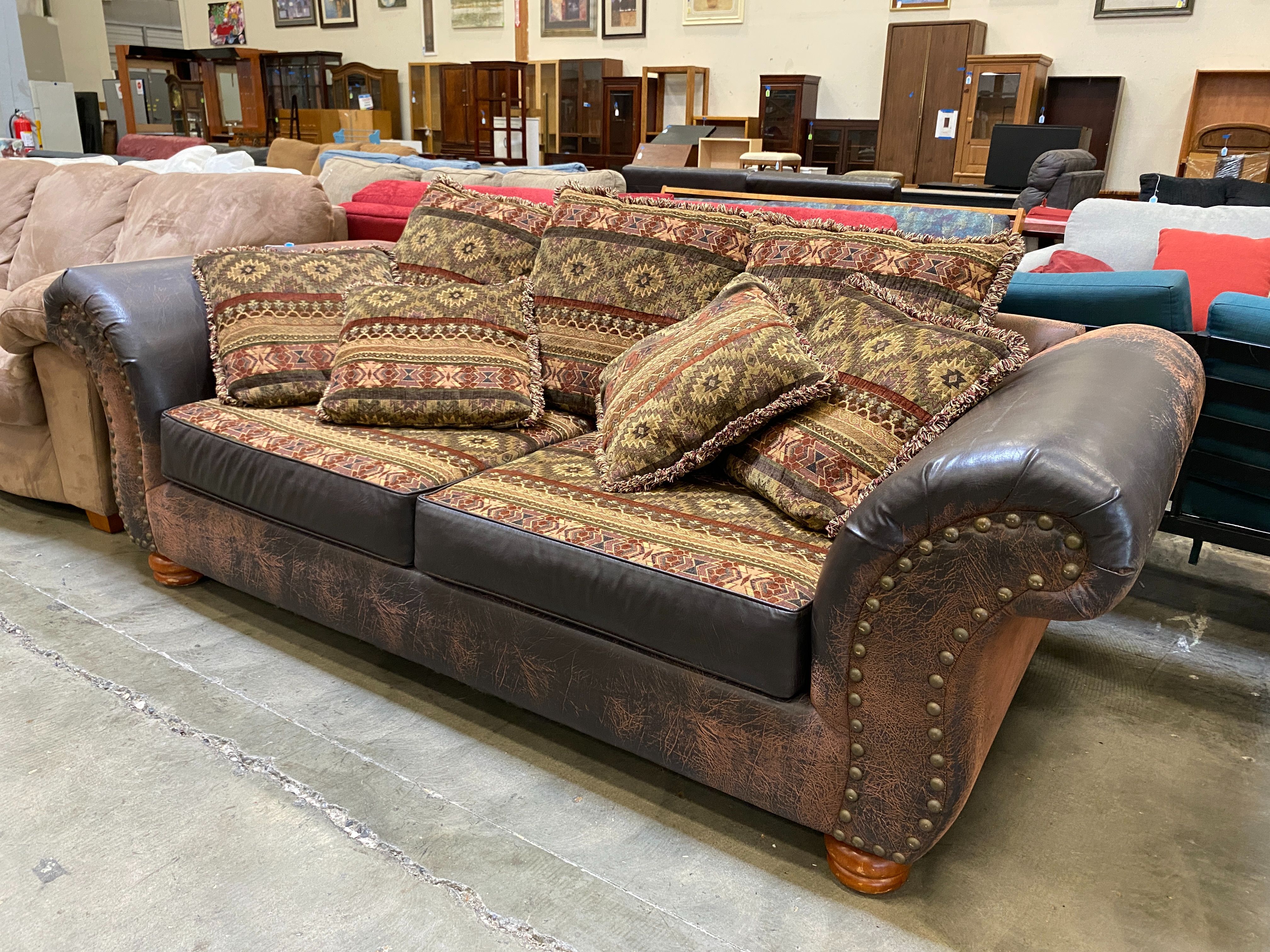 Vintage Look Aged Leather Pillow Backed Sofa