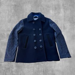 Superdry Premium Wool Peacoat Mens Large Navy Blue Quilted Sleeves Heavyweight 