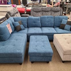 Brand New Box Blue Linen Sectional With Pillows And Storage Ottoman 