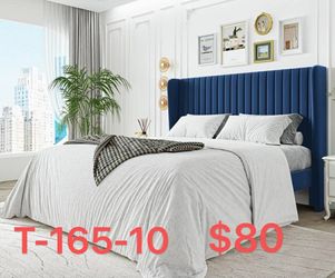 （F-165-10）Full Size Upholstered Platform Bed Frame with Velvet Channel Wingback Headboard, Dark Blue