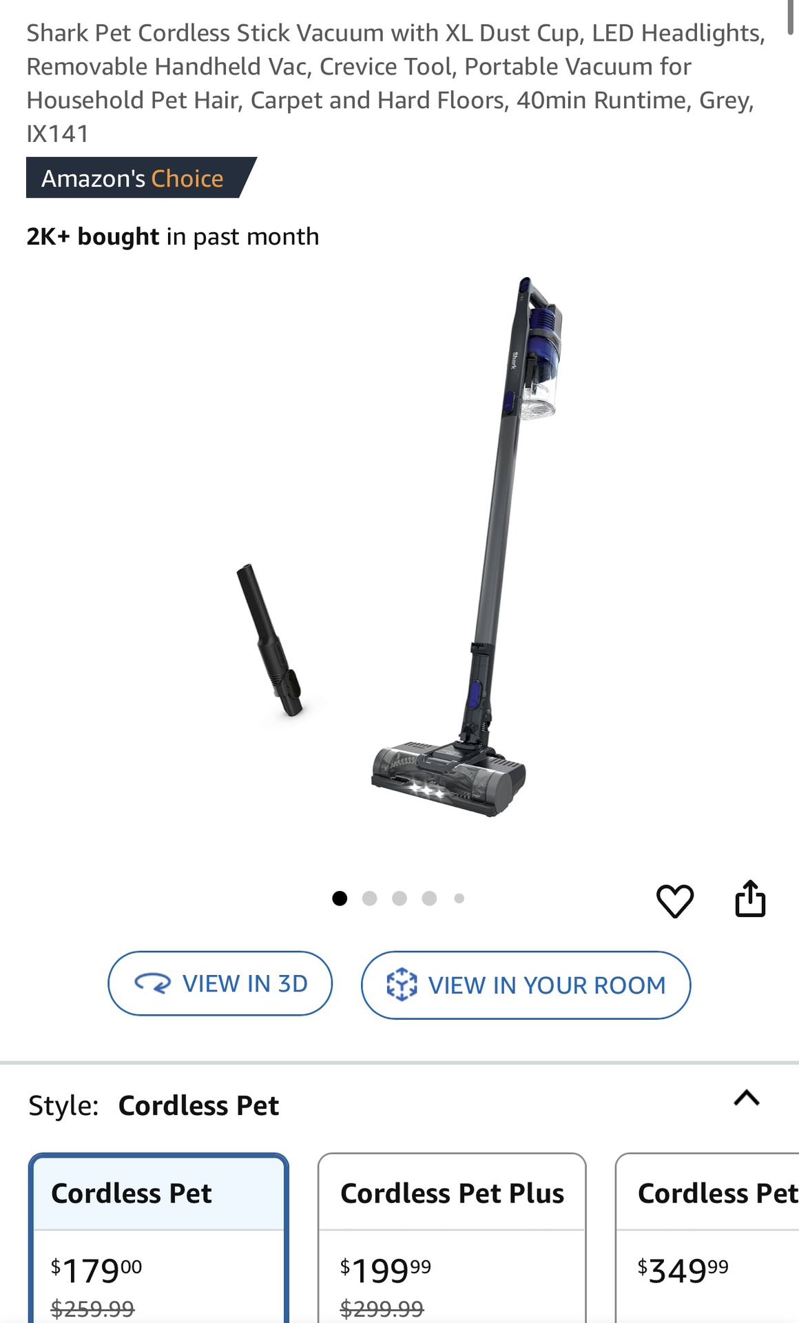 Shark Pet Cordless Stick Vacuum with XL Dust Cup, LED Headlights, Removable Handheld Vac, Crevice Tool, Portable Vacuum for Household Pet Hair, Carpet