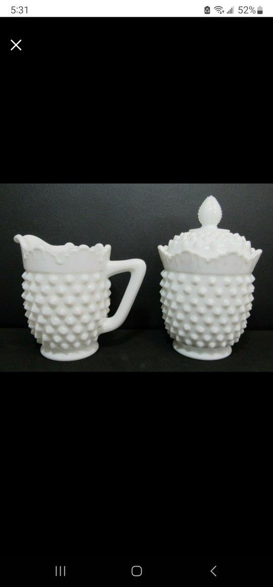 Fenton Hobnail Milk Glass Scalloped Crown Top Drip Glaze Creamer & Sugar Bowl with Lid