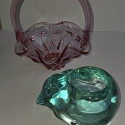 Fenton Pink Glass Basket + Indiana Cat Glass Votive – Set