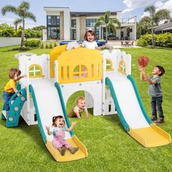 9 IN 1 Kids Double Slides Toddler Playground Climb Playset Outdoor Indoor（Jh2294G)