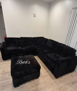 Stylish sectional sofa with ottoman black Fur-like jumbo corduroy
