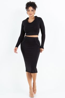 Black Shoulder Knit Skirt Set