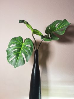 Vase and Artificial Monstera Leaves