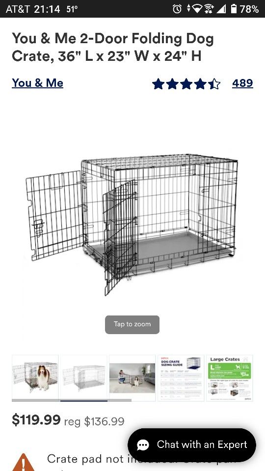 Folding Two Door Dog Crate  36" L x 23" W x 24" H

