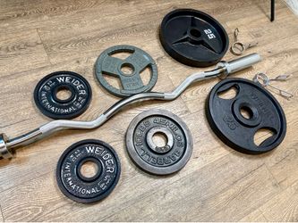 Brand NEW Olympic  Curl Bard (in cardboard tune) with cooper bearings mechanism & Cast Iron Weight Plates 25s, 10s and 5s . Total: 100 lbs