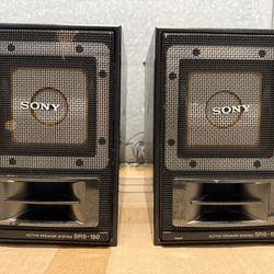Vintage SONY SRS-150 L/R Amplified Active Aux Cable Speaker System Black -Tested