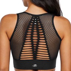 Sports Bra-High Support Mesh Open Back Workout Tops Padded Longline Yoga Bra-S
