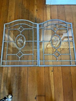 Pair of Vintage Leaded Glass Window Panels with Etched Floral Medallions