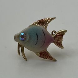 Vintage Angel Fish Pastel Colored Brooch Pin 3/4” Rhinestone Eye Gold Tone Accents
