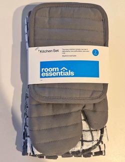 7pc Cotton Kitchen Textile Set - Gray (Towels, Pot Holders, Oven Mitts, Dish
