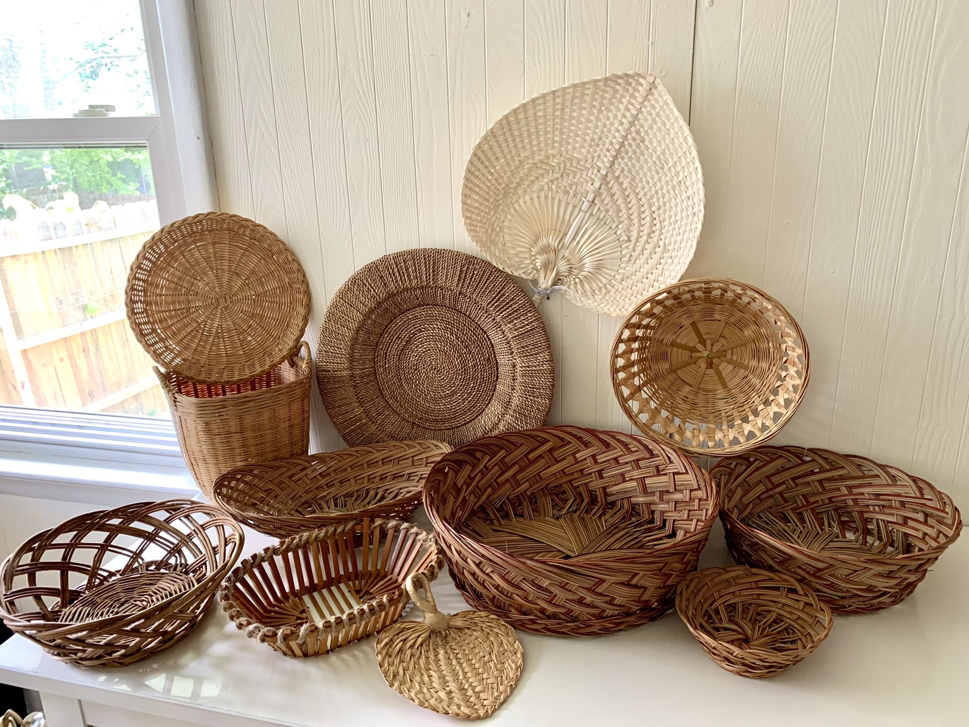 Wicker Weaved Rattan Baskets Trays Bins Placemats Planters Hanging Wall Art Boho Decor Bohemian Chic