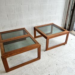 Pair of mid-century modern teak tables, KOMFORT coffee table, end table, smoked glass,