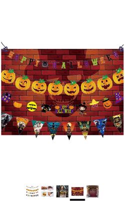 4 Pack Hanging Happy Halloween Banners, Colorful Letter Flag Witch Pumpkin Banners for Home, School and Halloween Theme Party Decorations