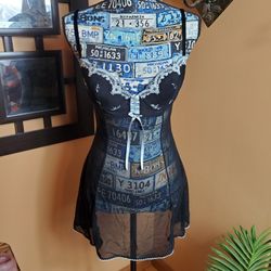 BLACK SHEER NIGHTIE WITH BABY BLUE EMBROIDERED LACE FLOWERS & ACCENTS