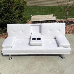 New White Faux Leather Futon Sofa Bed w/ Cupholders 