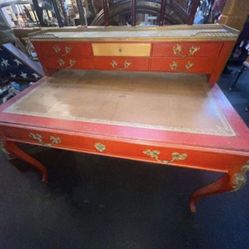 antique c1910-20 french leather inlaid Desk W/ Matching Marble Top Shelving 