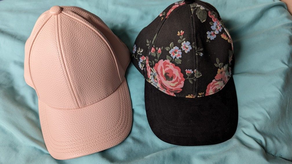 Women's Light Pink Faux Leather And Black Floral Baseball Cap Hat