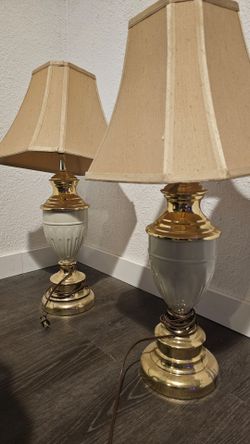 Pair of Brass and White Urn Table Lamps