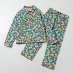 Louis Vuitton's new limited edition Pharrell co-branded colorful cube checkered checkered patchwork denim jacket and jeans set XL