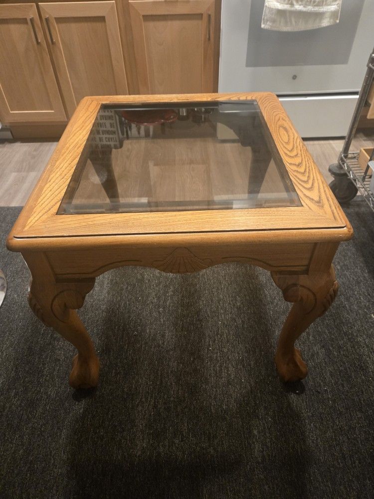 Ball Claw Feet Oak Wood End Table w/Glass Top Insert