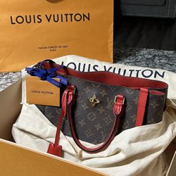 RARE Authentic Louis Vuitton Red Leather and Brown Monogram