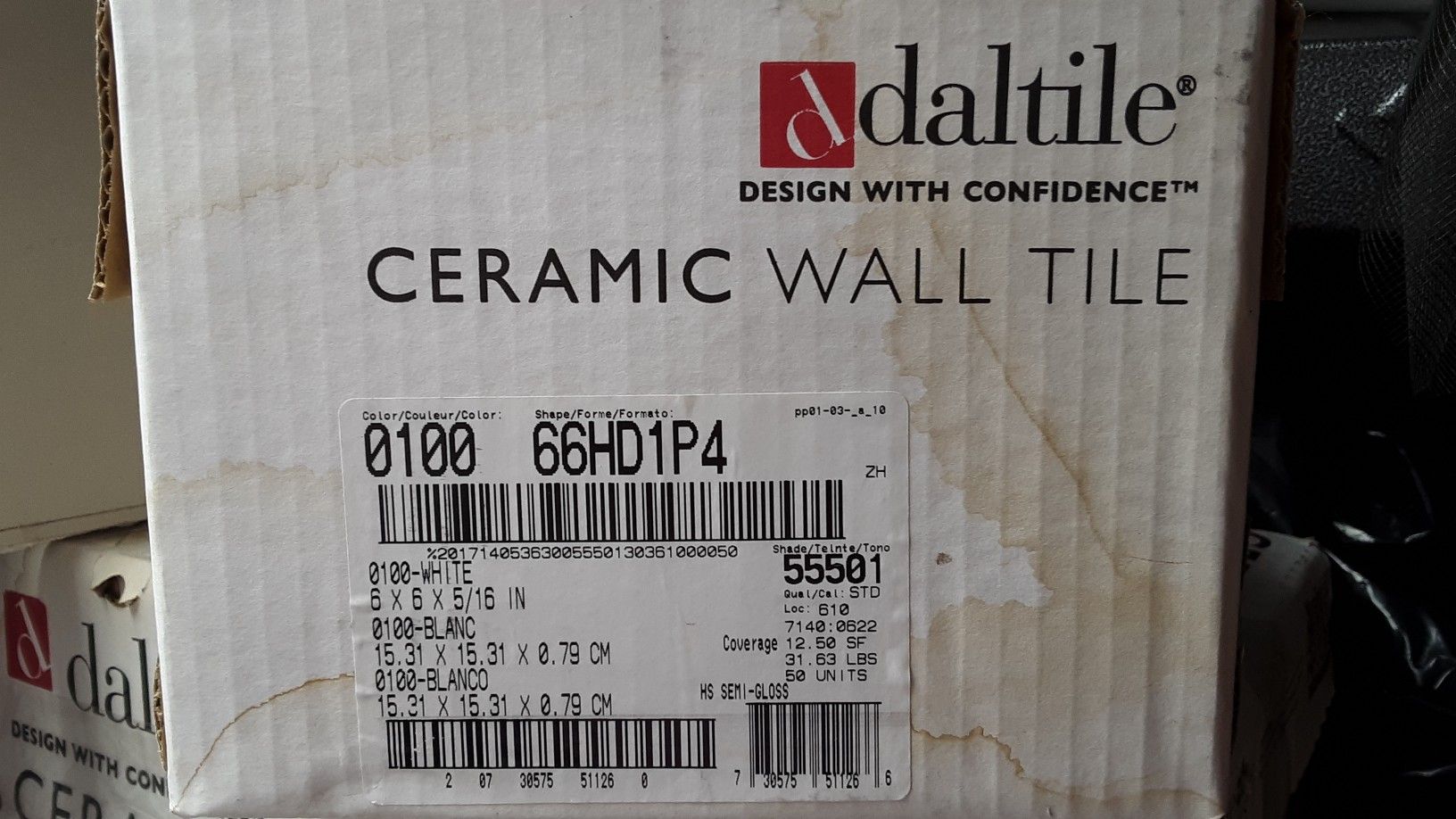 Daltile ceramic wall tile 6" x 6" plus 2" tall trim and 4" x 4" pieces.