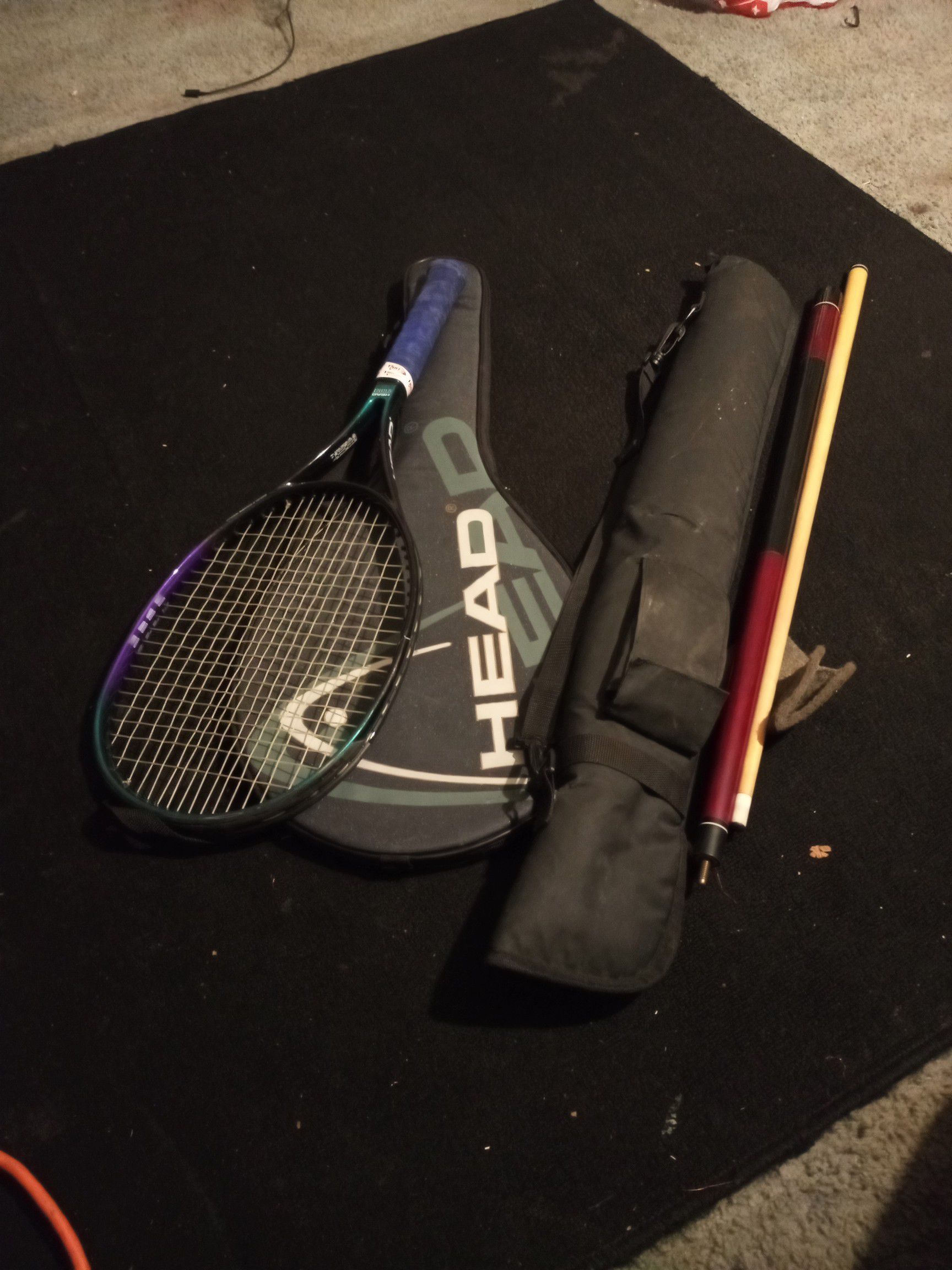 Tennis racket (HEAD) and pool stick with case