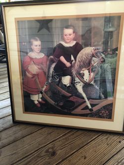 Victorian picture. Boy &amp; Girl with rocking horse